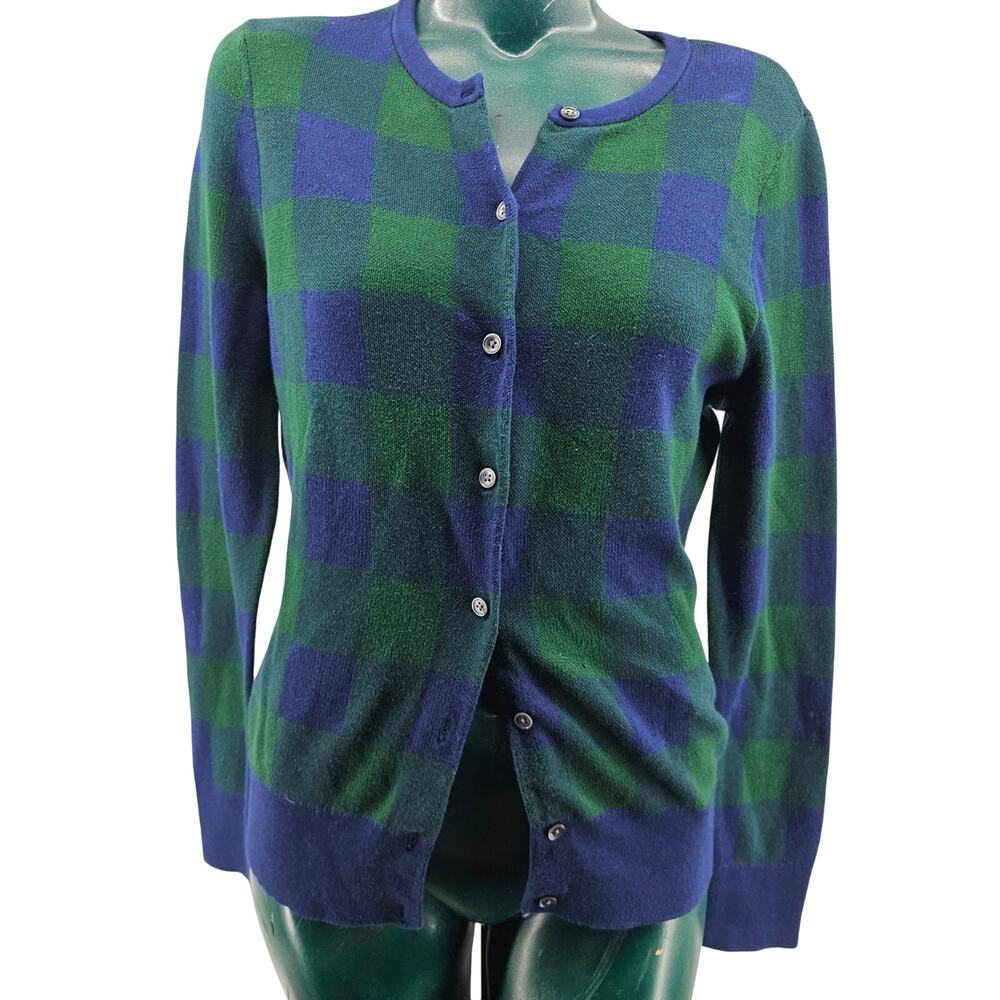 Land’s End 100% Cotton Navy Blue And Green Plaid Cardigan Womens M Preppy 3835